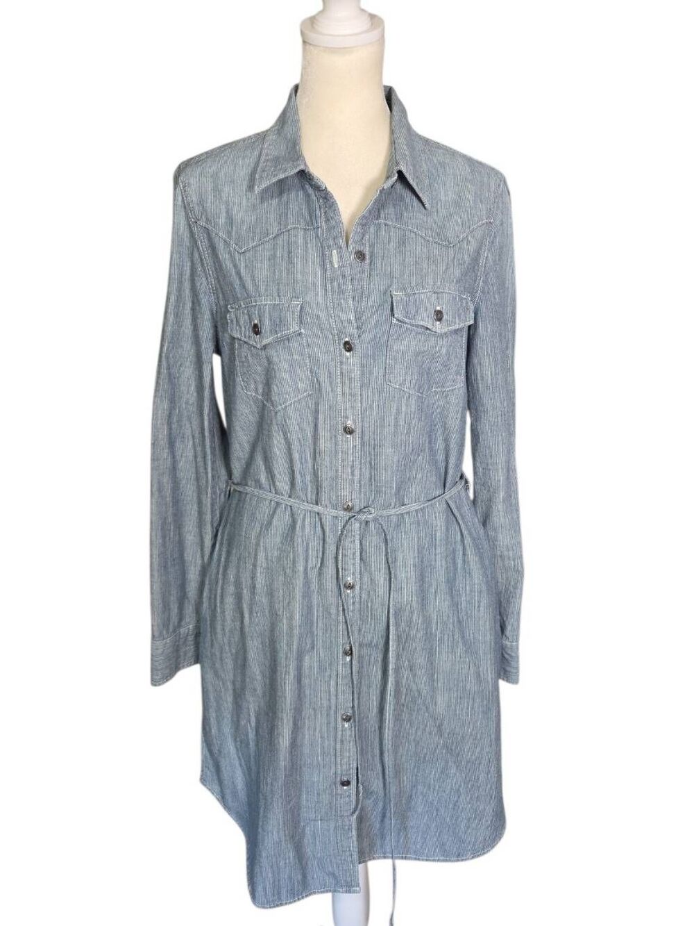 Gap 1969 Chambray Pinstripe Western Shirt Dress Tie Waist Size Small